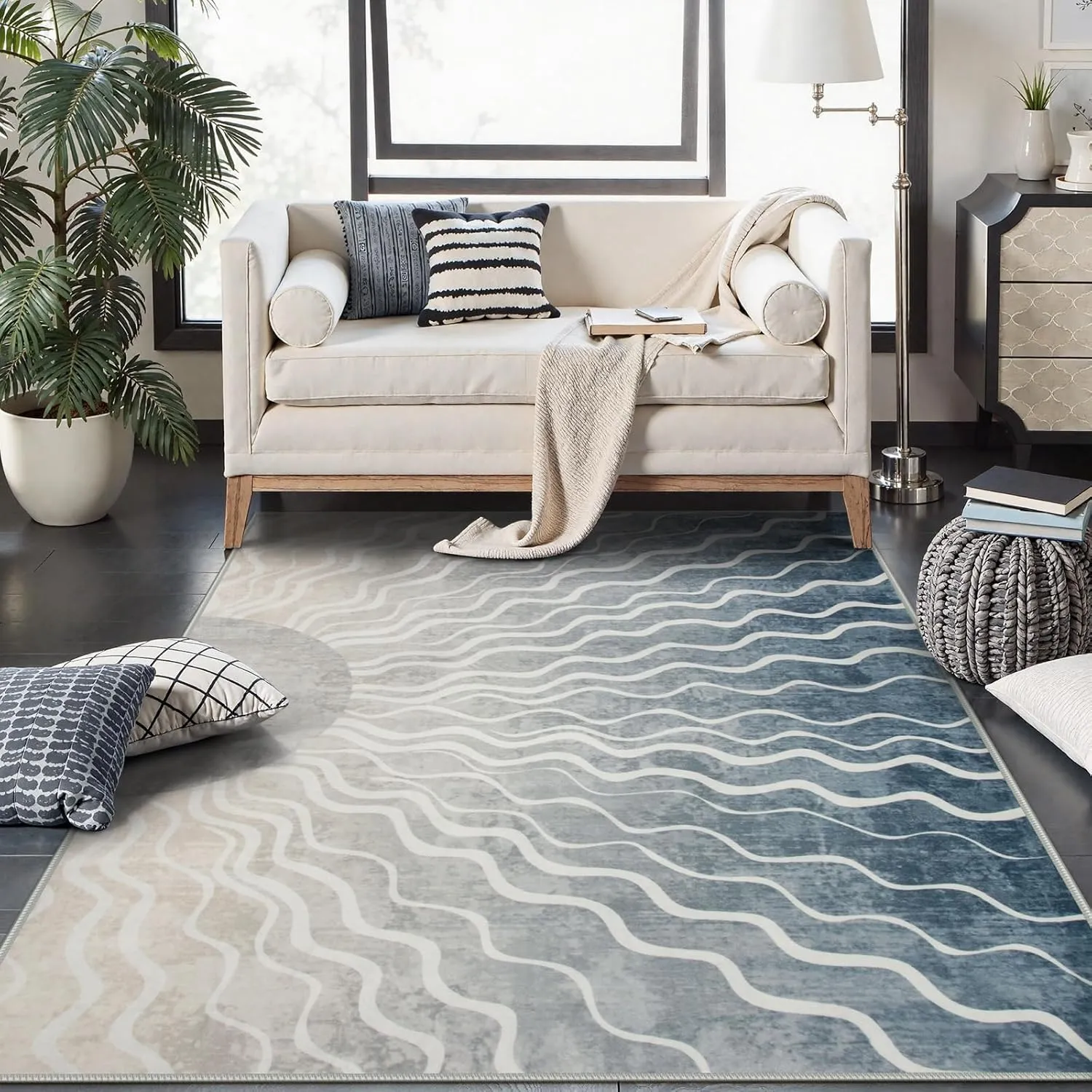 Wonnitar Washable Grey 5x7 Rug, Mid Century Sun Rugs for Living Room Bedroom, Boho Ombre Ultra-Thin Non Slip Stain Resistant Carpet for Large Entryway Dining Room Office, Gray/Multi