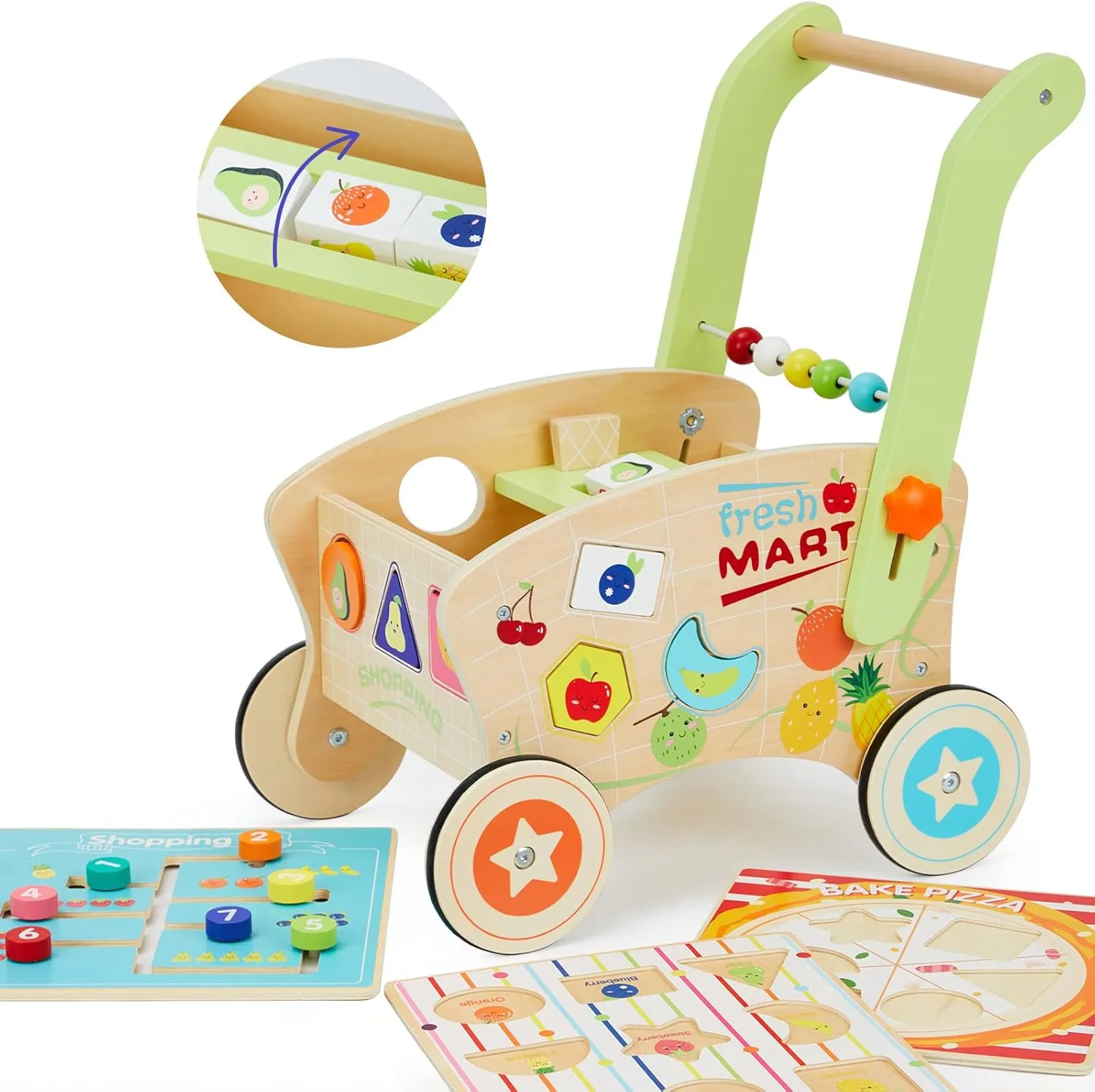 Wooden Baby Walker, Baby Push Walker for 1-3, Toddler Shopping Cart for Girl and Boy Shape Sorting Grocery Cart Push & Pull Toy Adjustable Height Kids Learning Walker Montessori Toys