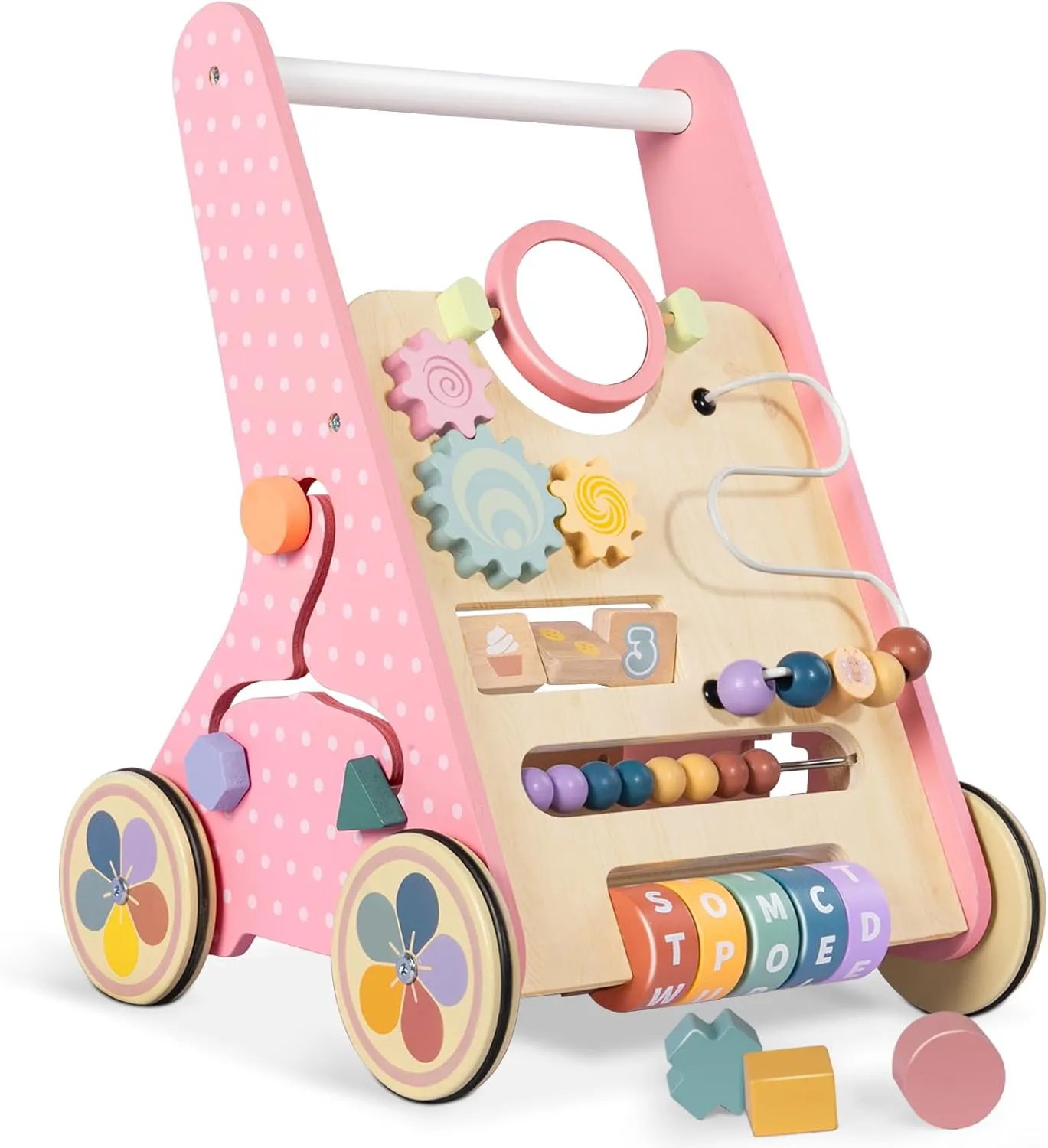 Wooden Baby Walker with Wheels, Baby Push Walkers for Girls 12 Months, Baby Activity Center Sit to Stand Walker Small Size