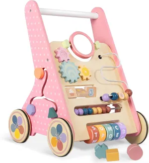Wooden Baby Walker with Wheels, Baby Push Walkers for Girls 12 Months, Baby Activity Center Sit to Stand Walker Small Size
