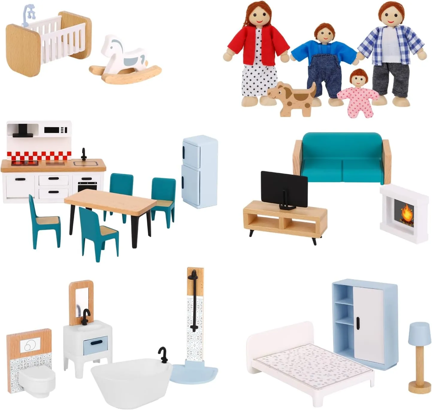 Wooden Dollhouse Furniture Set for Kids, 26 Pcs Dollhouse Accessories with 4 Family Dolls and Dog, Miniature Doll House Furniture Toys Pretend Play Set for G irls Boys Age 3 
