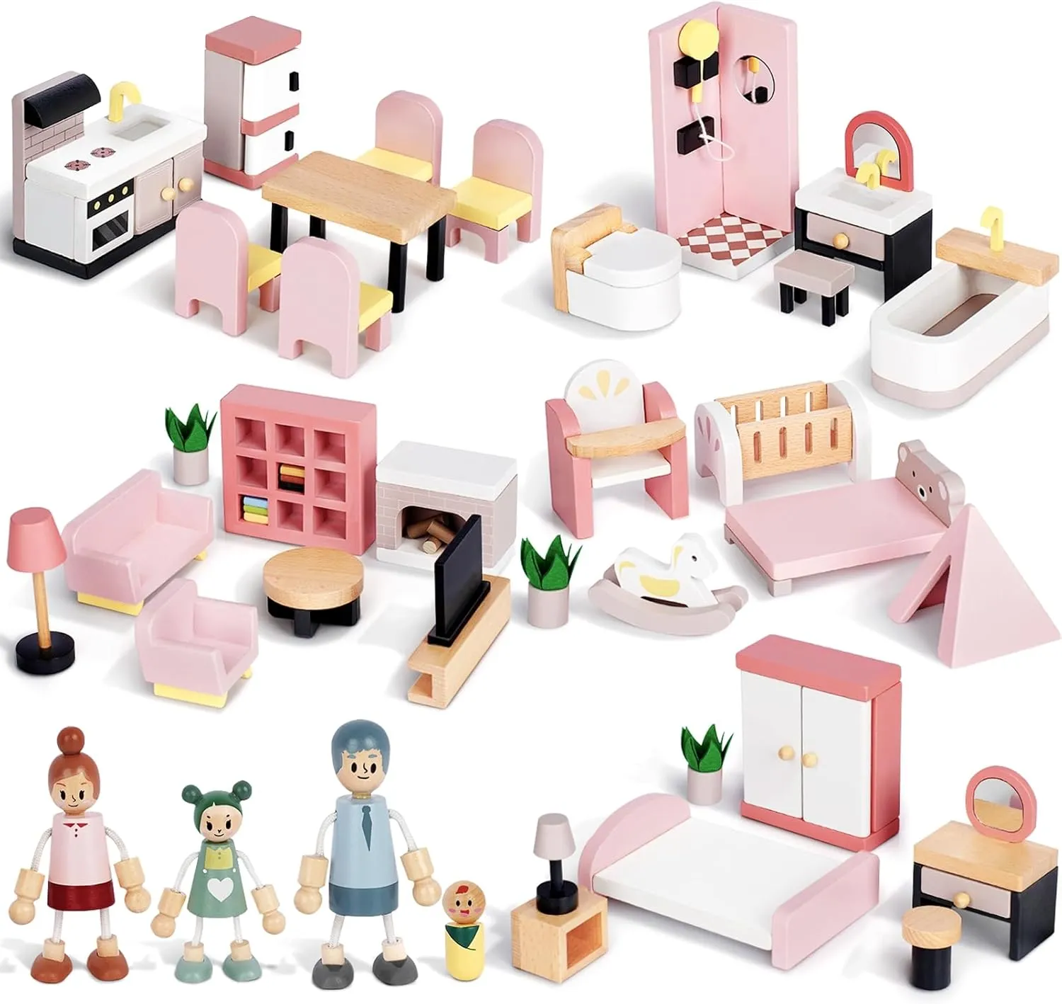 Wooden Dollhouse Furniture Set with 4 Family Dolls, 36 Pcs Sanlebi Doll House Accessories and Furniture, Miniature Furniture Including 5 Room Kits, Pretend Play Toy Gift for Boys Girls Toddler 3 