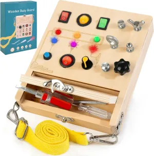Wooden Montessori Busy Board with LED Light, Screwdriver Toddler Real Tools Set with Storage Box & Strap, Sensory Educational Toys for 3 4 5 Year Old Boys Girls Kids Birthday Gifts