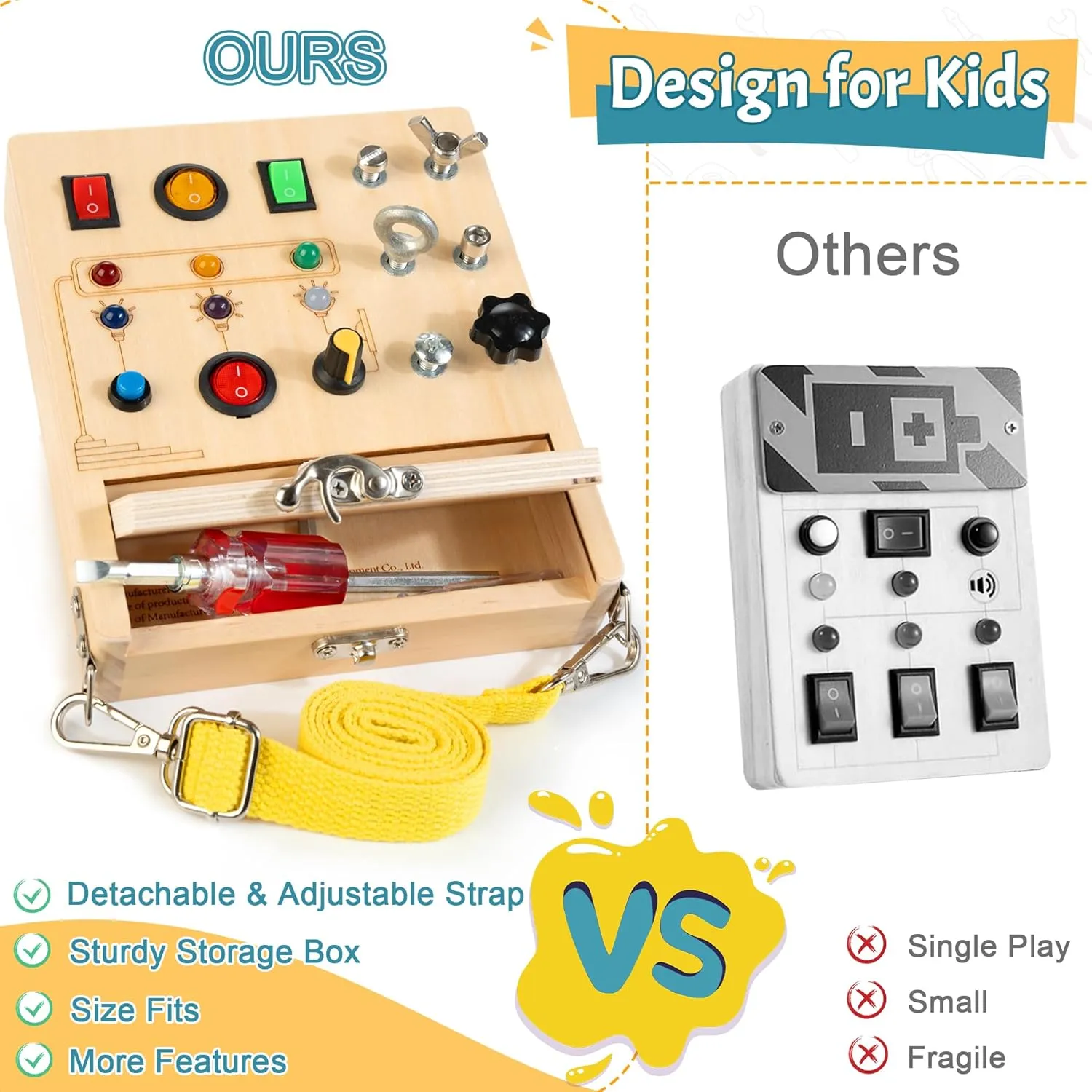 Wooden Montessori Busy Board with LED Light, Screwdriver Toddler Real Tools Set with Storage Box & Strap, Sensory Educational Toys for 3 4 5 Year Old Boys Girls Kids Birthday Gifts
