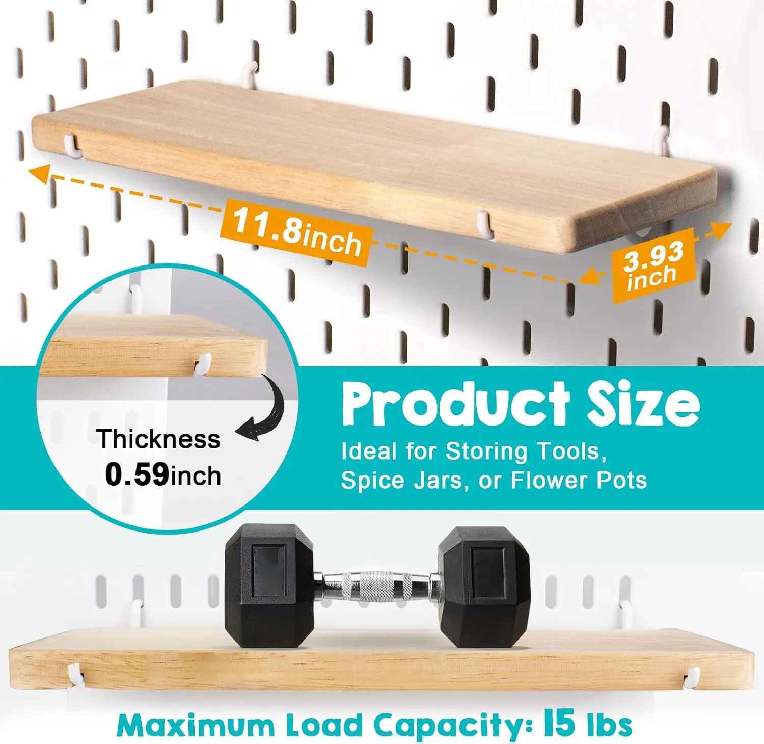Wooden Pegboard Shelf, Solid Wood Pegboard Shelves with Peg Board Hooks, Compatible with IKEA Skadis Pegboard Accessories