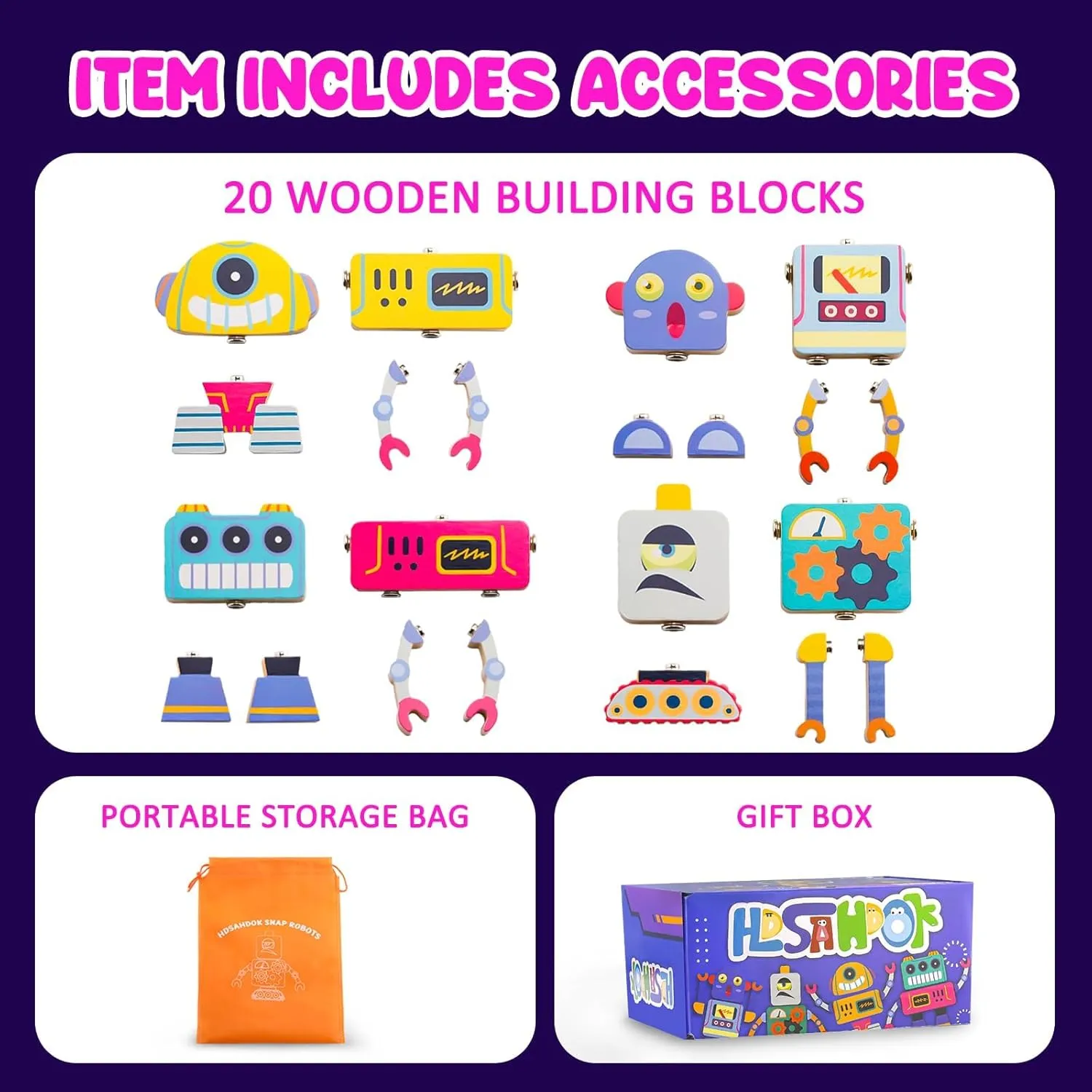Wooden Snap Together Stacking Robot Toys, STEM Building Block Toy for Kids, Montessori Educational Fine Motor Skill Toy, Take Apart Toy Set for Boys and Girls Ages 3-5