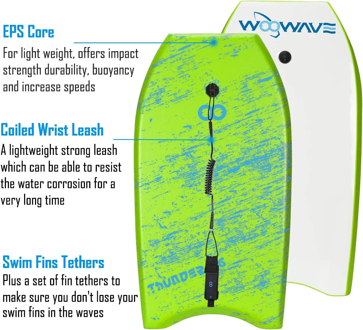 WOOWAVE Bodyboard 33-inch/36-inch/41-inch Super Lightweight Body Board with Coiled Wrist Leash, Swim Fin Tethers, EPS Core and Slick Bottom, Perfect Surfing for Kids Teens and Adults