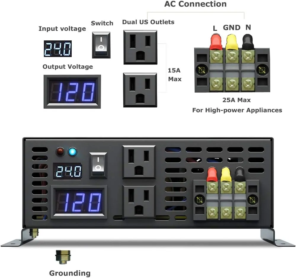 WZRELB 2500W 24VDC 120VAC Pure Sine Wave Power Inverter,RV, Car Inverter,LED Display