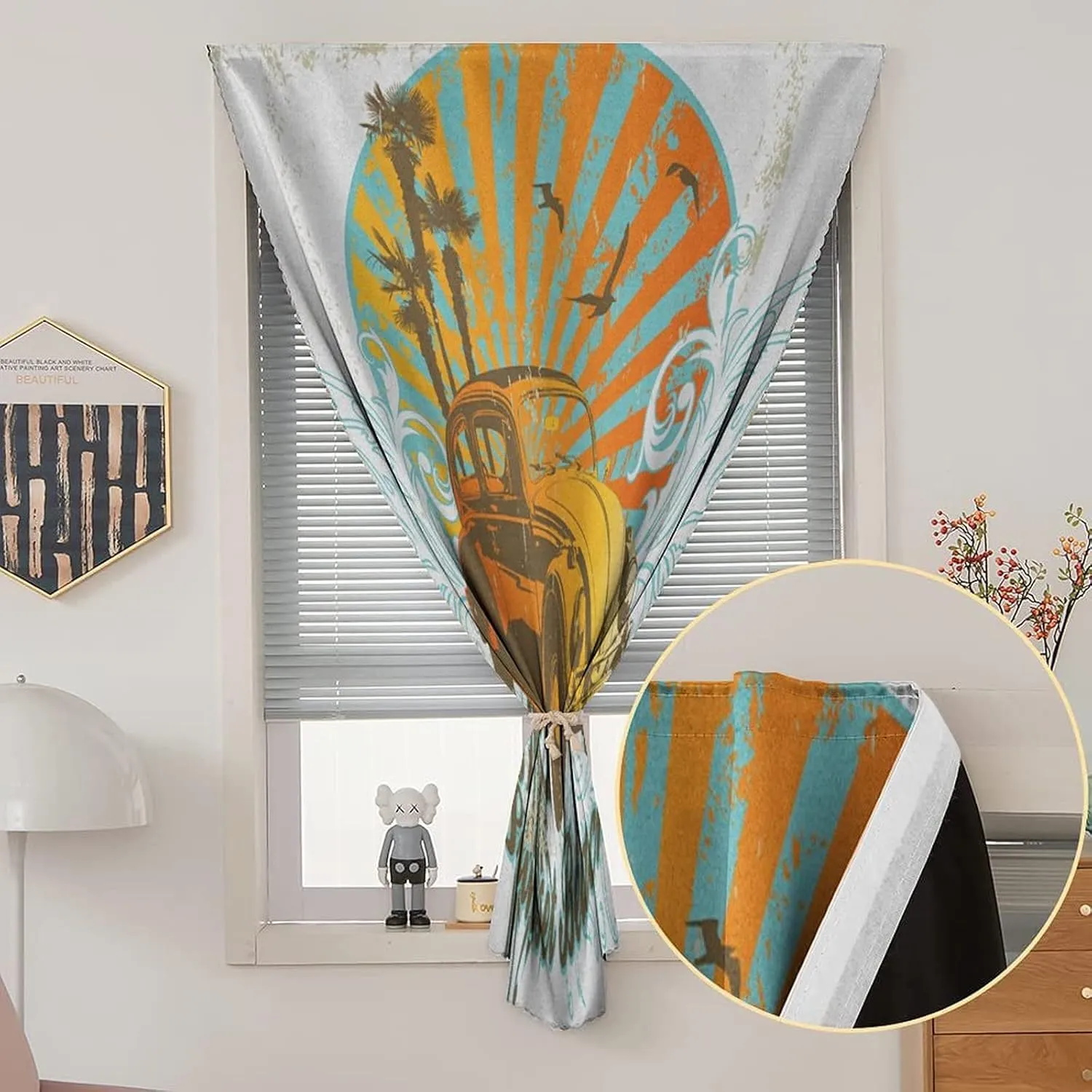 XISUNYA Travel Windows Blackout Curtain, Cars Curtain Shades, Summer Drawing Retro Car Palm Trees Sunset Beach and Sun Rays Print Adjustable Temporary Blackout Shades,47W x63L Inch