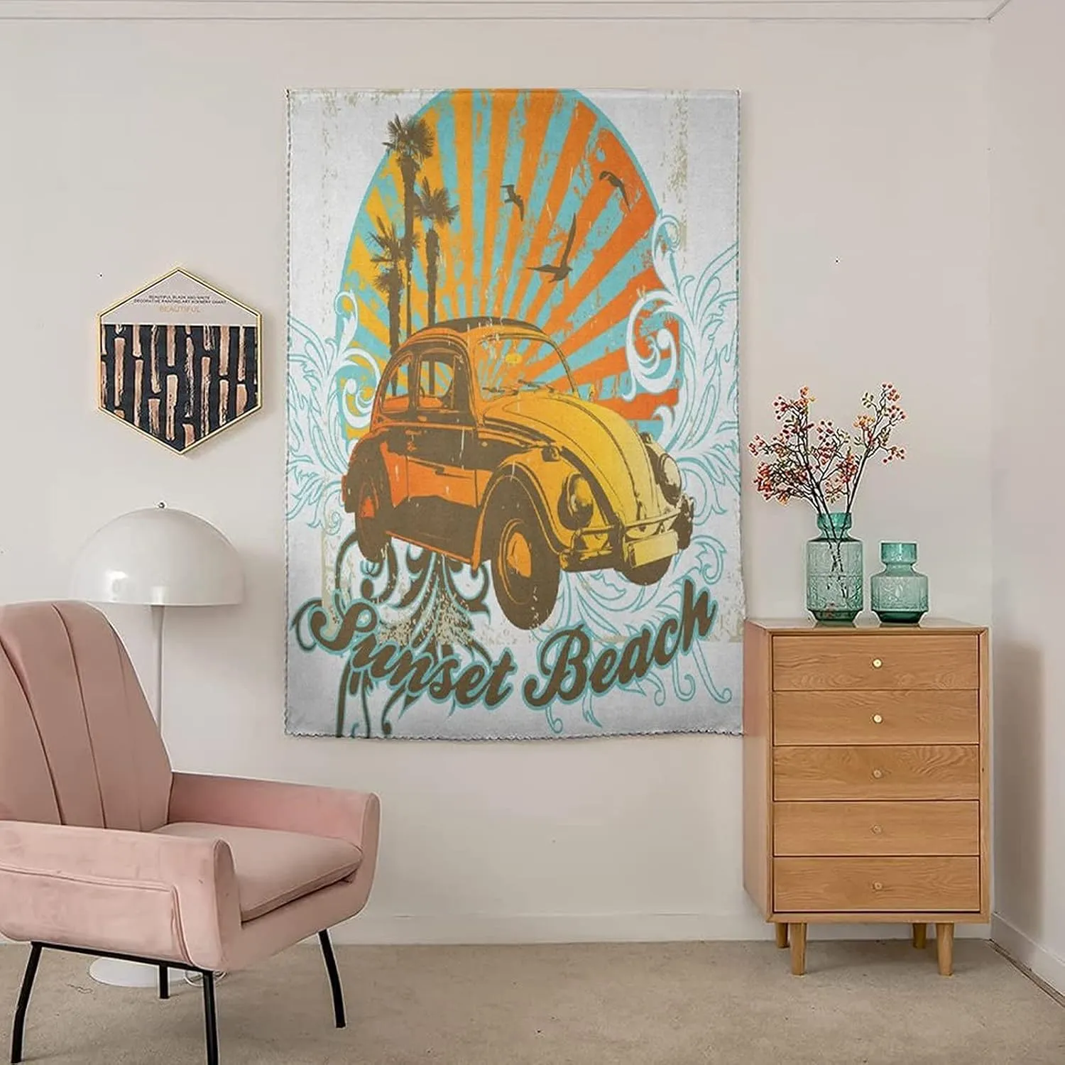 XISUNYA Travel Windows Blackout Curtain, Cars Curtain Shades, Summer Drawing Retro Car Palm Trees Sunset Beach and Sun Rays Print Adjustable Temporary Blackout Shades,47W x63L Inch