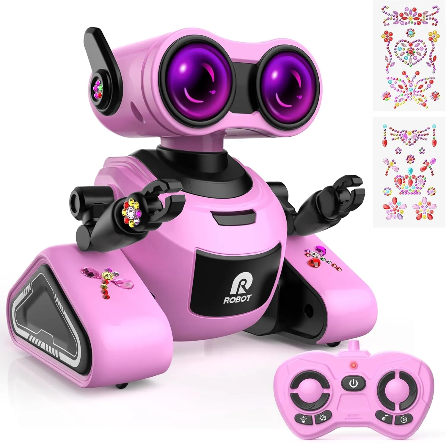 Yerloa Girls Robot Toys with 3D Stickers for 3-5, Baby Easter Toys Remote Control Robot Toy for Kids with Music and 4 Color LED Eyes, Singing, Dancing, Birthday for Boys Girls Aged 3 4 5 6 7 Year Old