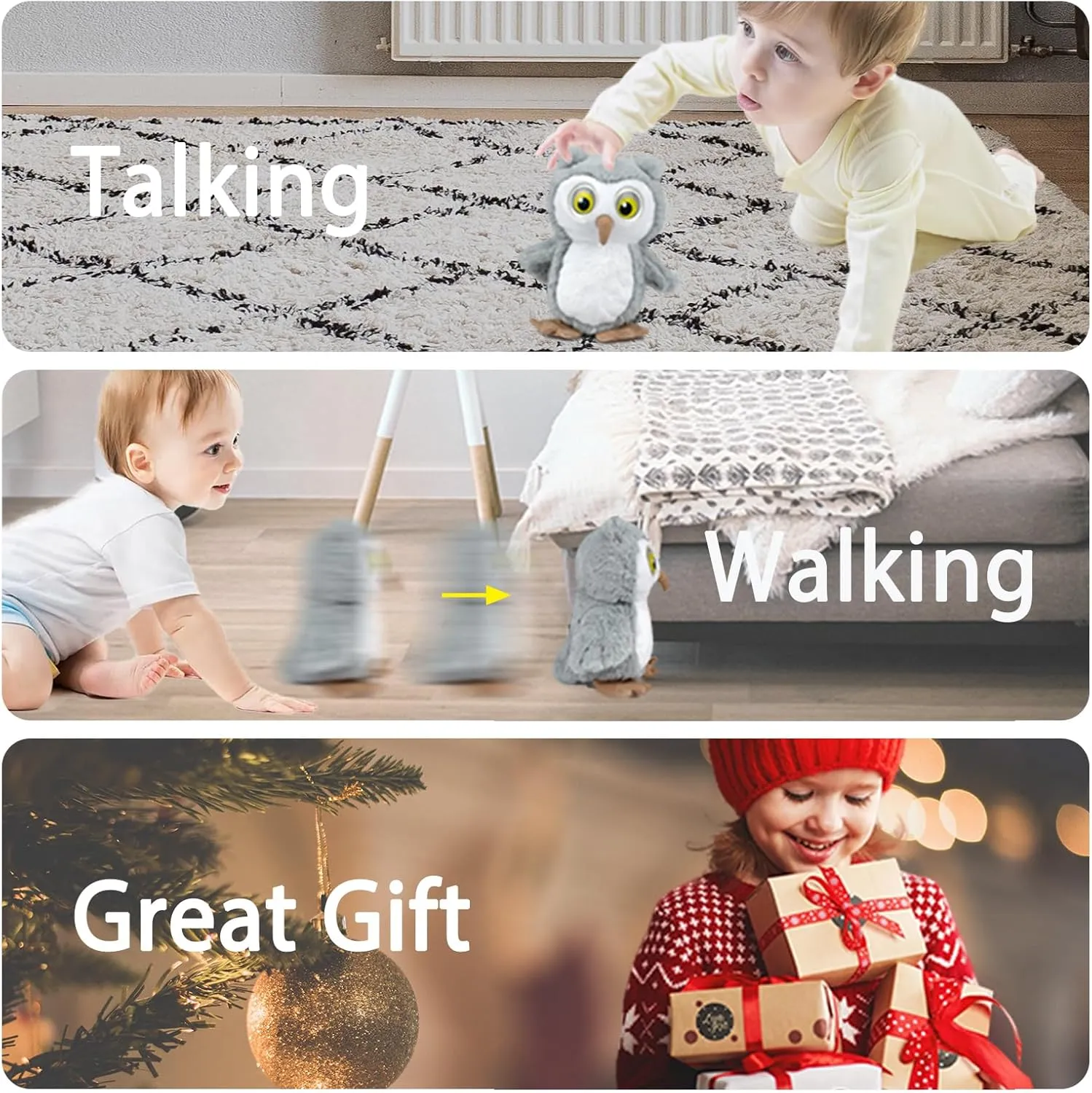 YH YUHUNG Walking and Talking Owl Plush Toy, Owl Repeats What You Say, Walking Pets Owl with Lights Up Eyes, Clear Voice Interactive Owl Stuffed Animal Toys for 3 Year Old Girls and Boys and Up(Gray)