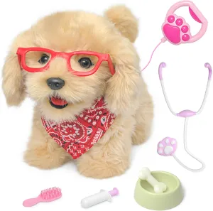 YH YUHUNG Walking Dog Toy for Kids with Leash, Remote Control Toy Puppy That Can Walks, Barks, Feeds, Sits Down and Wag Its TaiI, Interactive Golden Retriever Stuffed Dog for Kids 3  Years Old