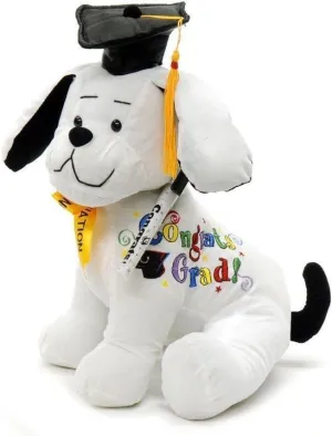 YMCtoys Graduation Autograph Plush Dog with Pen, 10.5 Inch, White with Black Cap and Gold Tassel