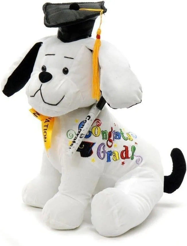 YMCtoys Graduation Autograph Plush Dog with Pen, 10.5 Inch, White with Black Cap and Gold Tassel