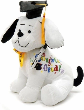 YMCtoys Graduation Autograph Plush Dog with Pen, 10.5 Inch, White with Black Cap and Gold Tassel