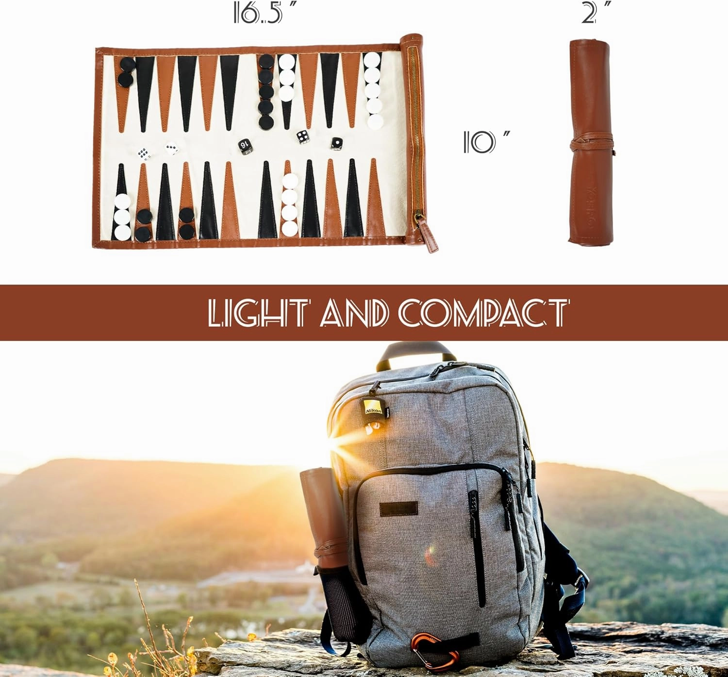 YOBRO Travel Backgammon Sets for Adults, Classic PU Leather Roll-Up Backgammon Board Game Gift for Kids, Portable & Lightweight Travel Style for Indoor Outdoor, Funny Family Game