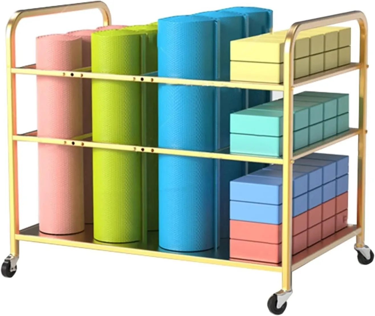Yoga Mat Storage Cart, Foam Roller Stand with Lockable Wheels, Fitness Equipment Organizer for Studio & Gym, Holds 9 Mats & 25 Blocks (Black)