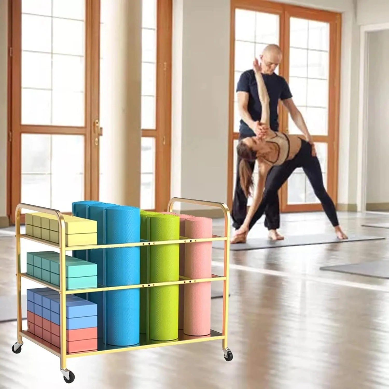 Yoga Mat Storage Cart, Foam Roller Stand with Lockable Wheels, Fitness Equipment Organizer for Studio & Gym, Holds 9 Mats & 25 Blocks (Black)