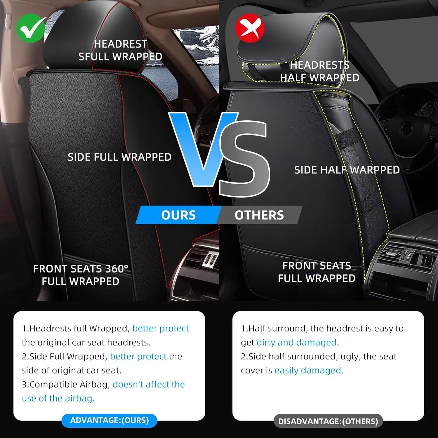 YORKNEIC 2 Front Car Seat Covers for Jeep Patriot 2007-2017 Faux Leather Waterproof Seat Covers Automotive Seat Protectors Cushions with Airbag Compatible(2 Front Seat,Black&Beige)