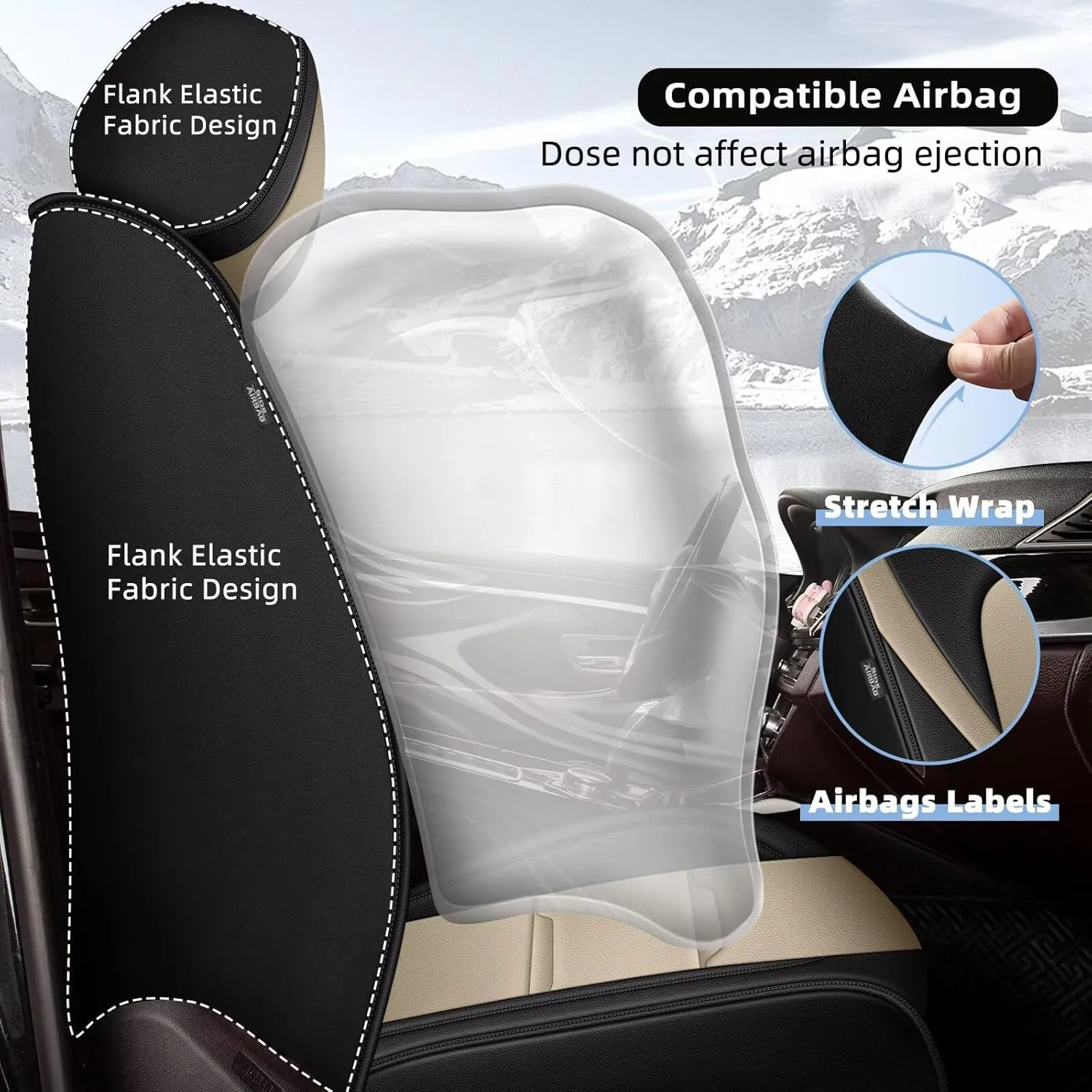YORKNEIC 2 Front Car Seat Covers for Jeep Patriot 2007-2017 Faux Leather Waterproof Seat Covers Automotive Seat Protectors Cushions with Airbag Compatible(2 Front Seat,Black&Beige)