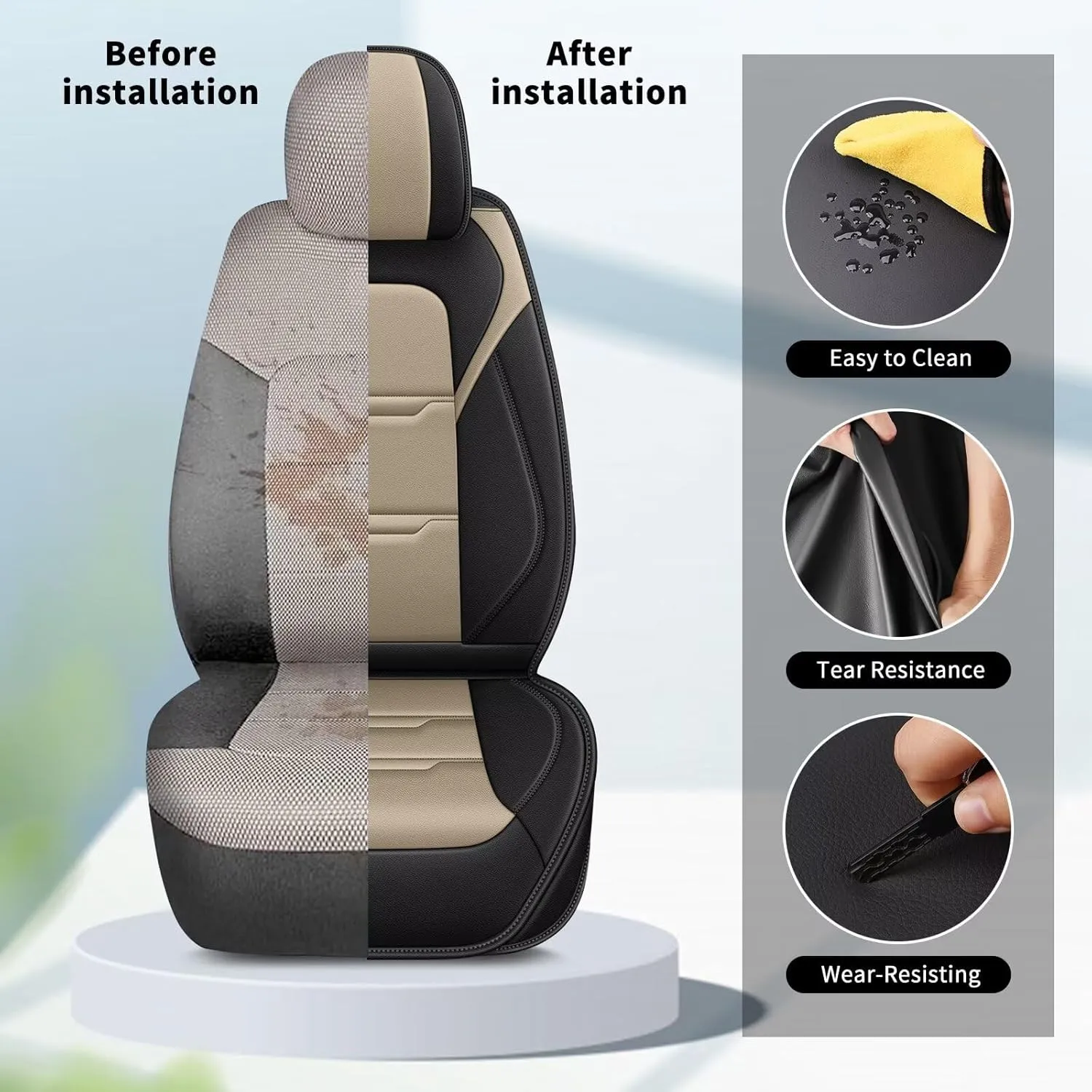 YORKNEIC 2 Front Car Seat Covers for Jeep Patriot 2007-2017 Faux Leather Waterproof Seat Covers Automotive Seat Protectors Cushions with Airbag Compatible(2 Front Seat,Black&Beige)