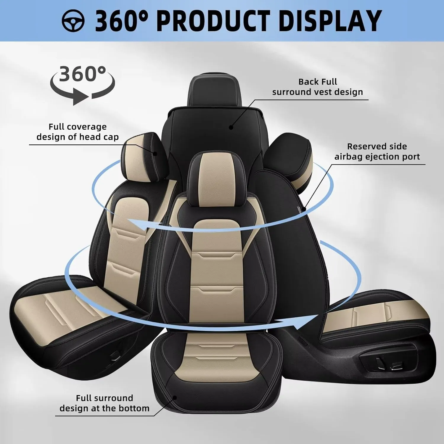 YORKNEIC 2 Front Car Seat Covers for Jeep Patriot 2007-2017 Faux Leather Waterproof Seat Covers Automotive Seat Protectors Cushions with Airbag Compatible(2 Front Seat,Black&Beige)