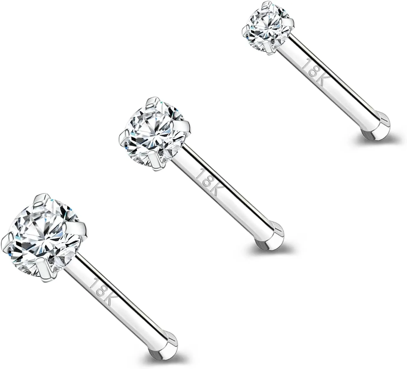ZS 18K Real Gold 20G Nose Rings for Women Men, 1.5mm 2mm 3mm CZ Simulated Diamond, Solid 7mm Nose Stud Pin Piercing, Non-Irritating Skin Body Jewelry