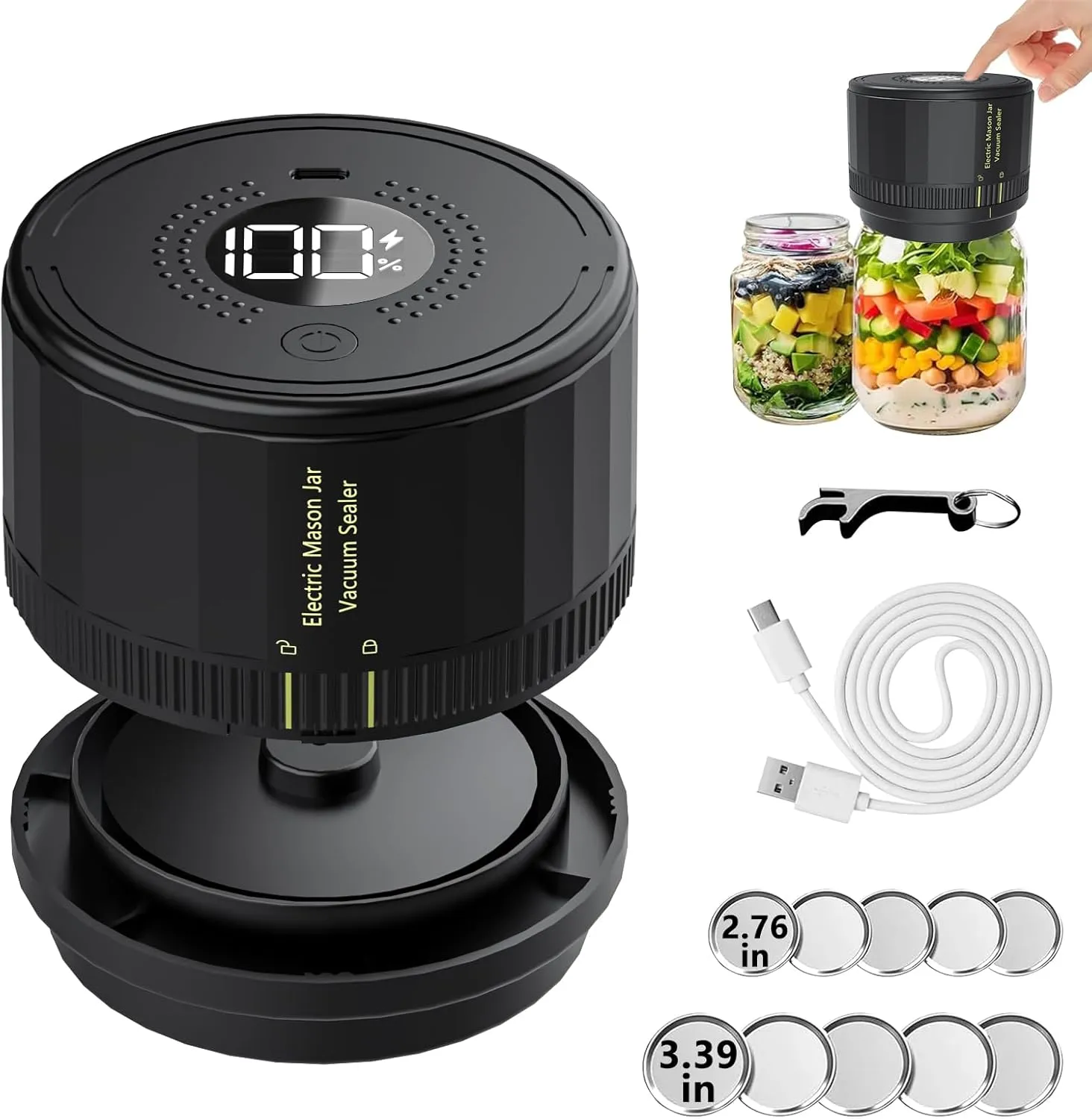 ZXA Electric Mason Jar Vacuum Sealer Kit, Vacuum Sealer for Mason Jars with Wide & Regular Mouth, Automatic Mason Jar Vacuum Sealer Kit for Kitchen, Picnic and RV Camping