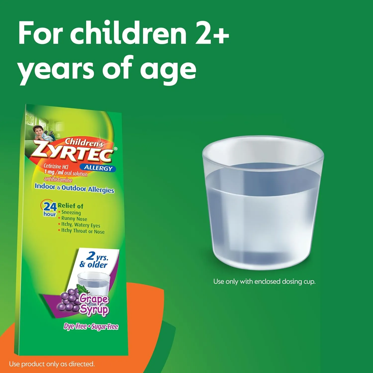 Zyrtec Children's 24 Hour Allergy Relief Syrup, 5 mg Cetirizine Hydrochloride Antihistamine, Kids Allergy Medicine for Indoor & Outdoor Allergy Relief, Dye- & Sugar-Free, Grape, 8 fl. oz