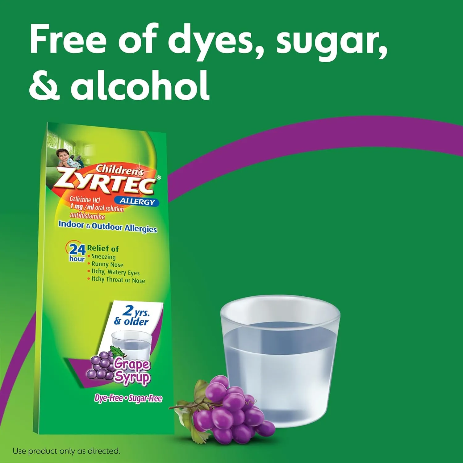 Zyrtec Children's 24 Hour Allergy Relief Syrup, 5 mg Cetirizine Hydrochloride Antihistamine, Kids Allergy Medicine for Indoor & Outdoor Allergy Relief, Dye- & Sugar-Free, Grape, 8 fl. oz