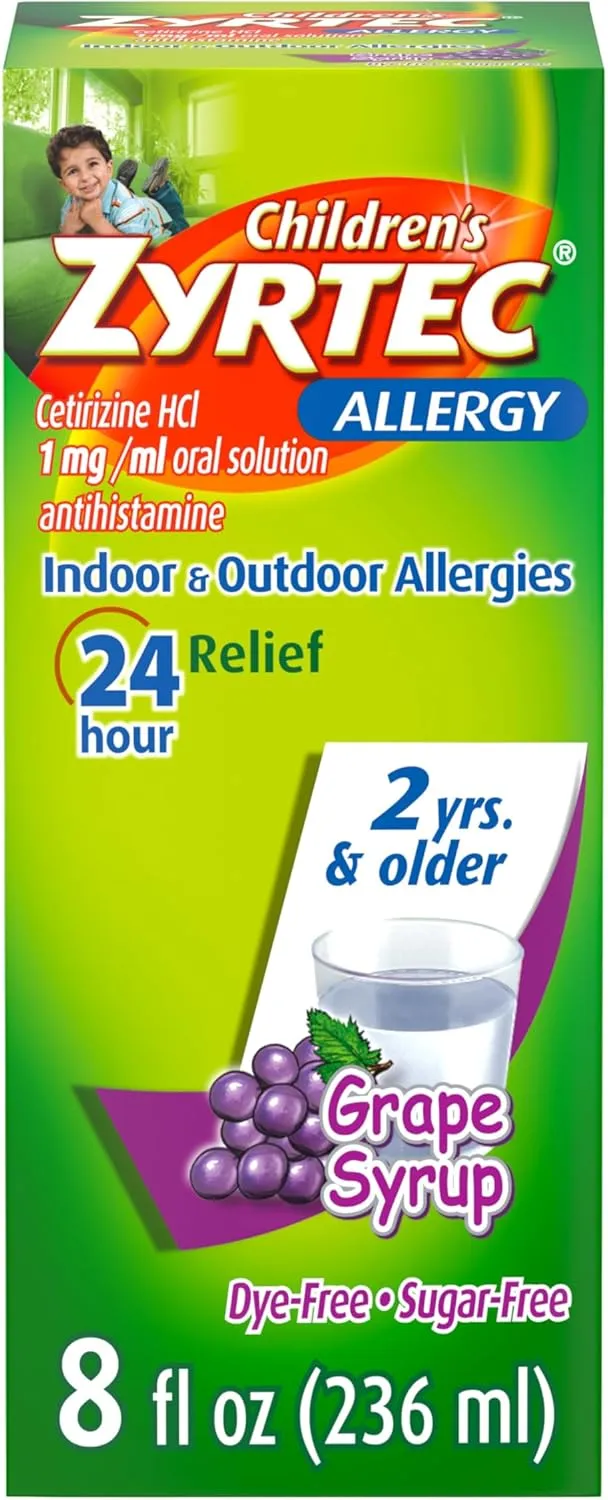 Zyrtec Children's 24 Hour Allergy Relief Syrup, 5 mg Cetirizine Hydrochloride Antihistamine, Kids Allergy Medicine for Indoor & Outdoor Allergy Relief, Dye- & Sugar-Free, Grape, 8 fl. oz
